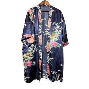 Vintage Women One Size Multicolor Floral Navy Blue Kimono Robe Resort Loungewear